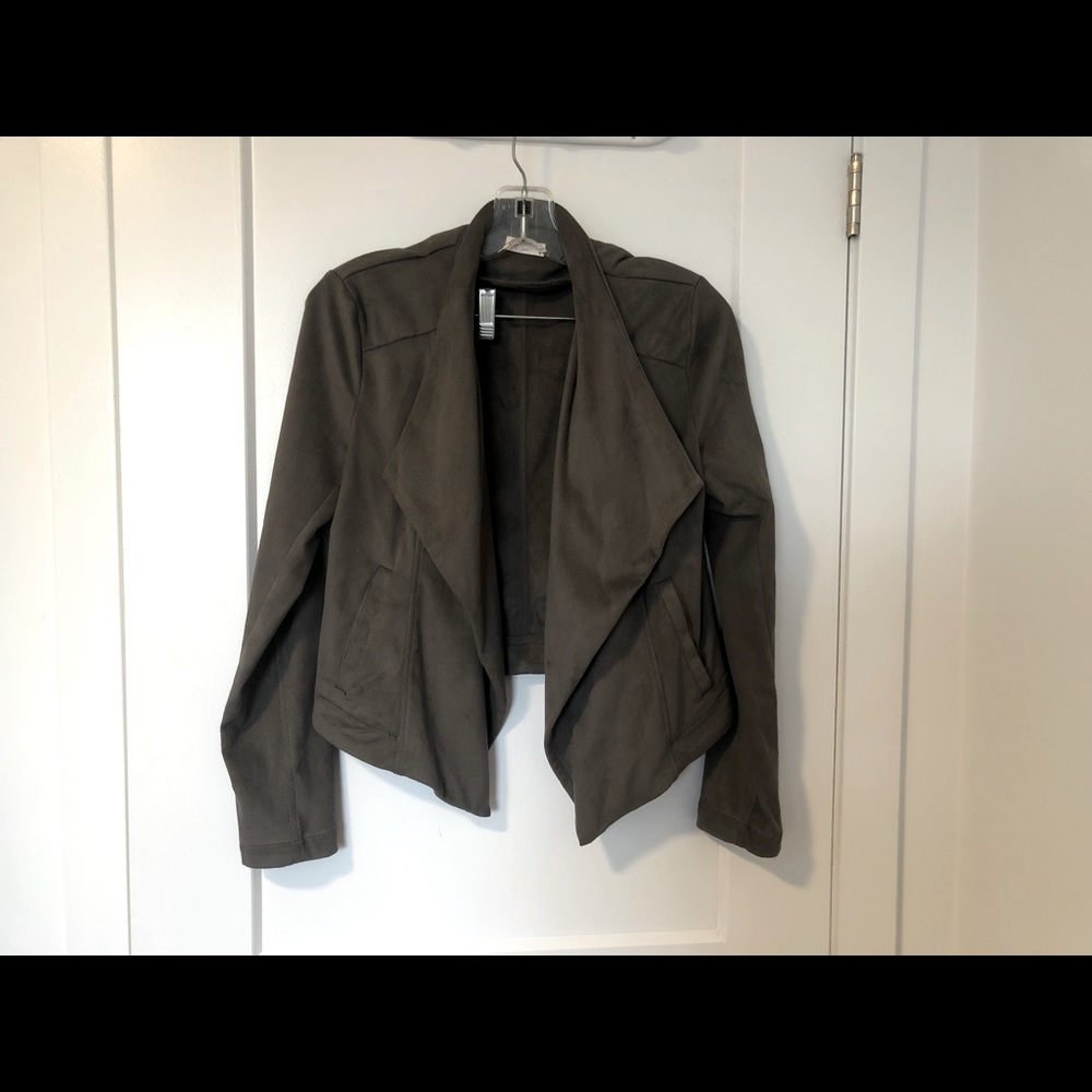 Grey faux-suede, medium, asymmetrical jacket.